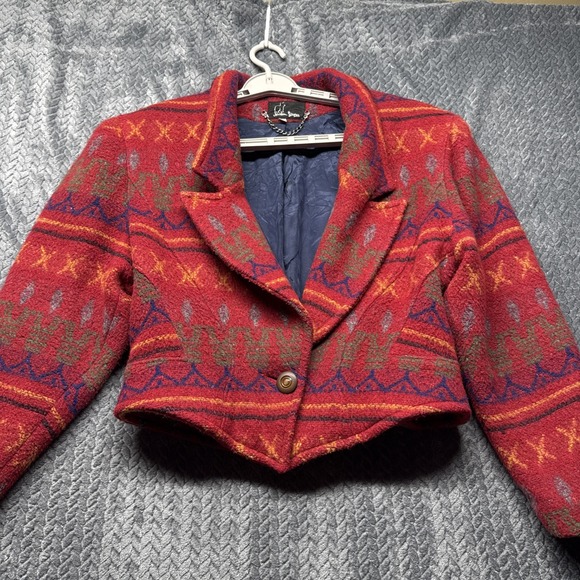 Vtg 80s 90s Jonathan Stevens Womens Large Aztec Boho Wool Cropped‎ Jacket Blazer - Picture 2 of 10